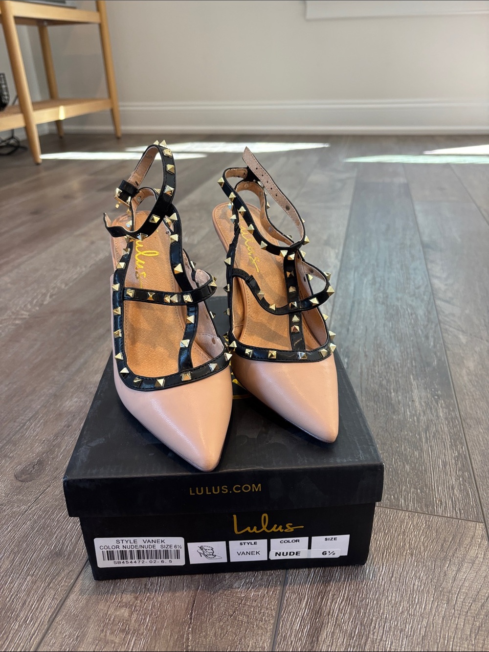 Lulu's Nude Pointed Toe Studded Strappy Heels